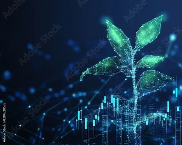 Fototapeta A low poly wireframe plant intertwining with candlestick charts, symbolizing the growth of investment, dark blue digital background, futuristic abstract art, 8K resolution