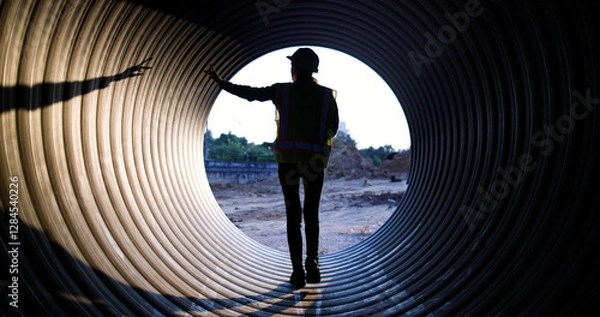 Obraz Female Maintenance and Inspection of Waterworks and Irrigation Utilities Equipment Materials and Workers using walkie-talkie to communicate with her team at the sewage  under  construction