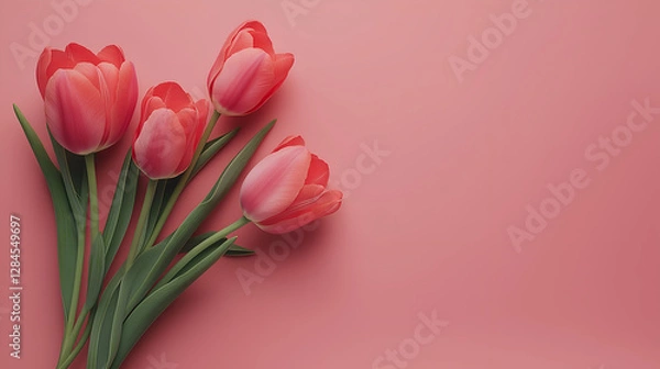Obraz bunch of tulips laying on a rosa backgorund