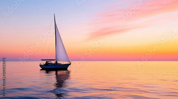 Fototapeta A graceful white sailboat glides across a tranquil sea, framed by a radiant sunset in shades of pink and orange, symbolizing peaceful solitude and timeless exploration.
