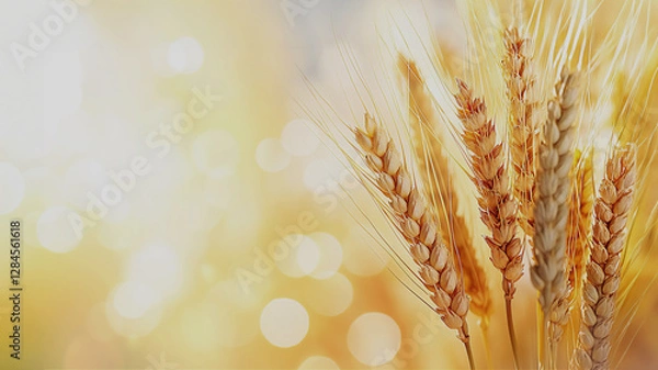 Obraz This image features a close up view of several wheat ears clustered together in a sunny background, capturing the essence of natures beauty, copy space