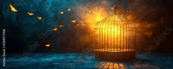 Fototapeta Glowing lantern in cage with flying light particles in dark mysterious atmosphere