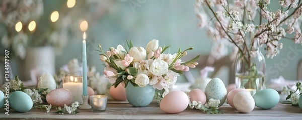 Fototapeta Pastel easter table decor with floral arrangements and candles