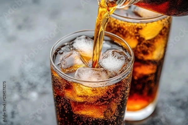 Fototapeta Two glasses of cola with ice cubes, one being poured, with visible carbonation and bubbles. Ideal for beverage ads, refreshment, and summer promotions