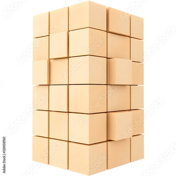 Fototapeta A stack of beige boxes arranged in a structured manner, showcasing a modular design with varying orientations.