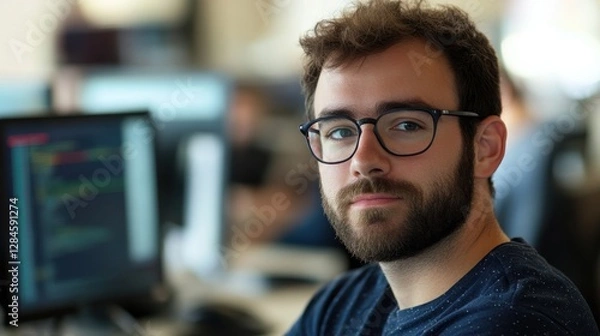 Fototapeta This portrait captures a young male software developer in a modern office setting, showcasing concentration and professionalism while working on his computer.