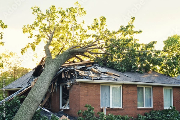 Fototapeta Large tree crashes onto residential brick home during storm. Generative AI