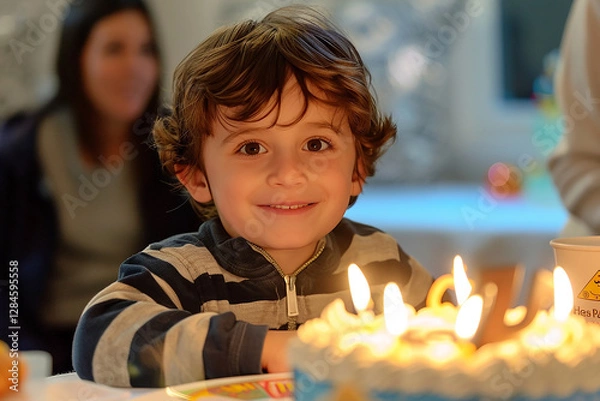 Obraz Little Boy Making a Wish on His Birthday Cake
