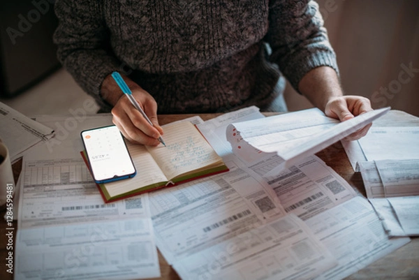 Fototapeta Close-up of men's hands with a calculator and utility bills. The concept of rising prices for heating, gas, and electricity. Lots of utility bills and hands with a calculator and a notebook