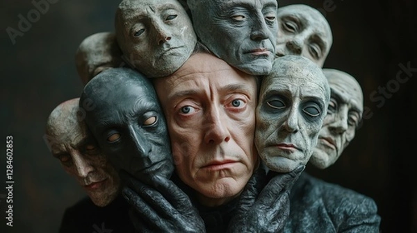 Fototapeta Man surrounded by multiple masks in a dramatic scene