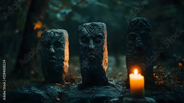 Fototapeta Old ritual stone idols displayed in a dark setting, representing ancient Slavic pagan traditions
