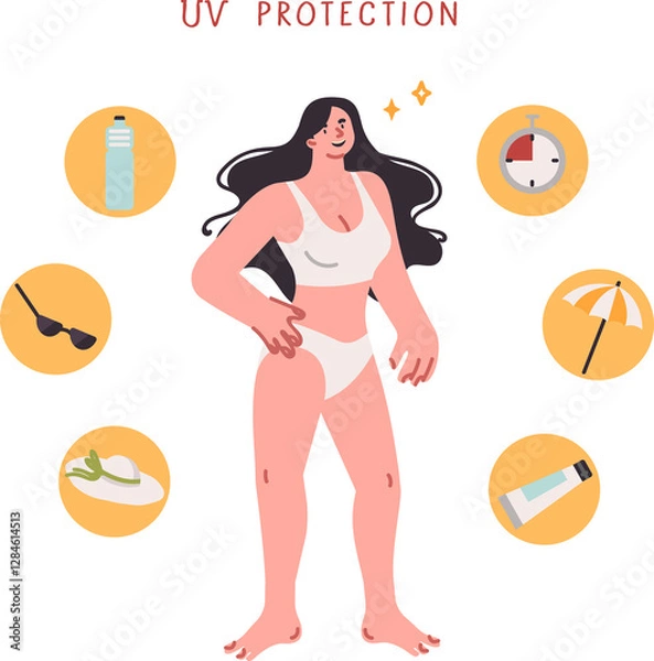 Obraz Cream with uv protection for women, want to get even tan and not become victim of radiation. Girl tourist chooses one of several ways for uv protection and salvation from bright sunlight