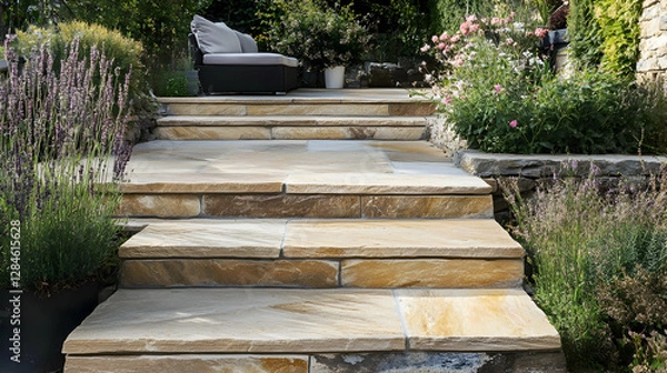 Fototapeta Paving a terrace with natural sandstone using contact slurry and mortar bed for durable installation