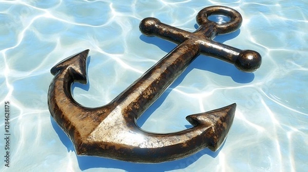 Fototapeta A weathered anchor rests in clear blue shallow rippling water