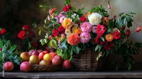 Fototapeta Vibrant bouquet of roses and peonies with fresh apples on rustic wooden table