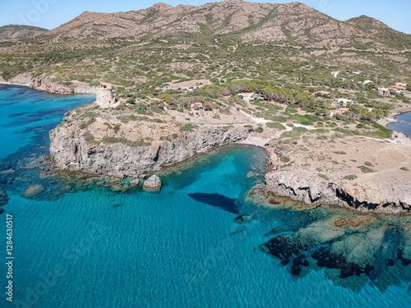 Fototapeta Drone view of Torre Cannai (Sant'Antioco, South Sardinia, Italy).