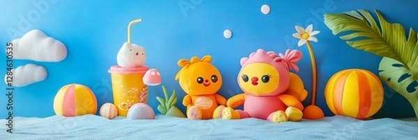 Fototapeta Bright and Playful Summer Scene With Colorful Plush Toys and a Refreshing Drink on a Blue Background