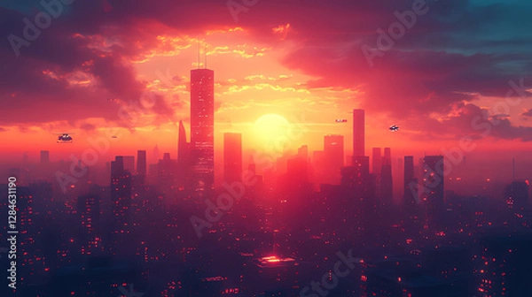 Fototapeta Futuristic city sunset, flying vehicles, vibrant sky, aerial view, sci-fi backdrop