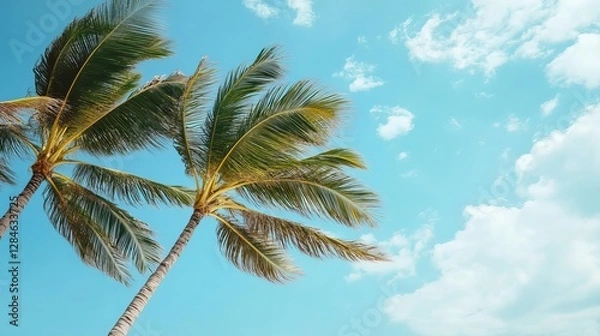 Fototapeta Tropical palm leaves swaying in the breeze on a sunny beach