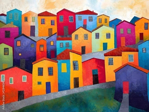 Fototapeta Vibrant Neighborhood: A colorful illustration of a charming hillside neighborhood, each house a unique hue, creating a lively and inviting atmosphere.