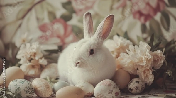 Fototapeta White rabbit surrounded by colorful Easter eggs and flowers in a spring setting