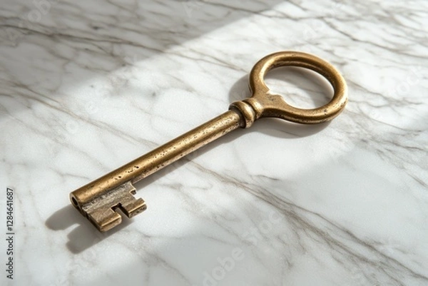 Fototapeta Antique brass skeleton key rests on a marble surface, bathed in sunlight.