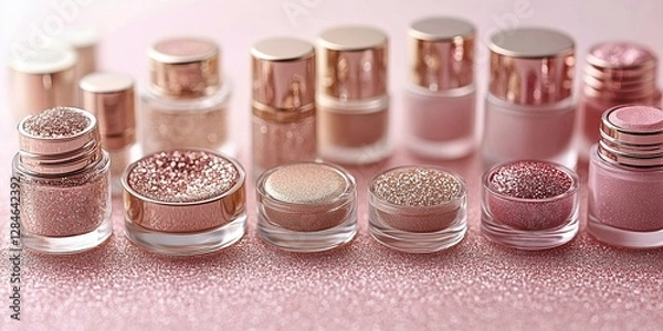 Fototapeta Sparkling collection of pink cosmetic containers arranged on a soft pink surface showcasing various makeup products
