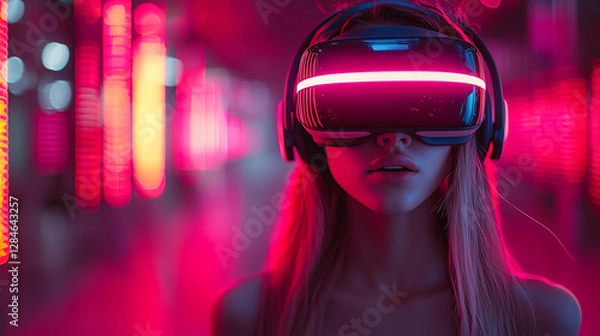 Obraz Woman wearing VR eyeglasses on futuristic background