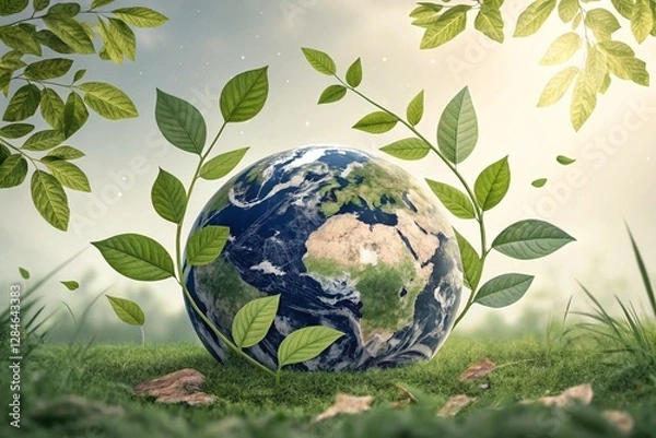 Fototapeta Happy Earth day concept background .Vector eco illustration for social poster, banner or card on the theme of saving the planet. Make everyday earth day