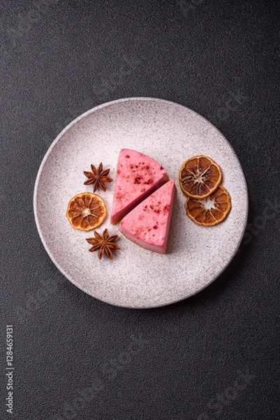 Fototapeta A piece of sweet cheesecake with raspberry or strawberry flavor