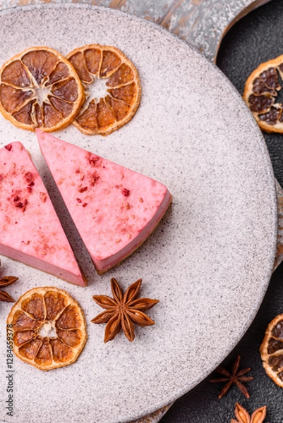 Fototapeta A piece of sweet cheesecake with raspberry or strawberry flavor