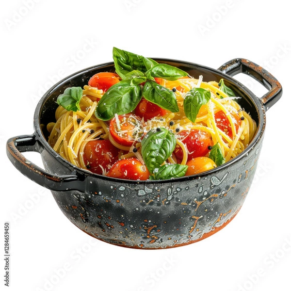 Obraz Delicious pasta with cherry tomatoes and fresh basil in rustic pot, perfect for comforting meal. vibrant colors and textures create inviting dish