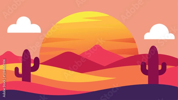 Obraz Vibrant Sunset Over a Desert Landscape with Cacti Silhouettes