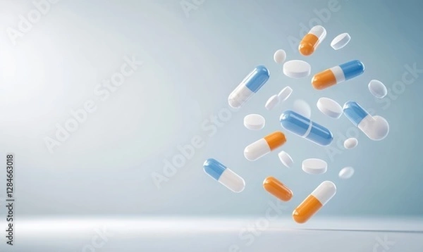 Fototapeta Colorful medicine pills and capsules fall gracefully against a clean white backdrop with ample copy space