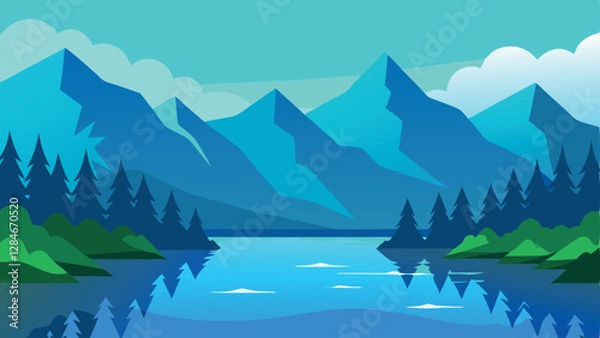Fototapeta Calm and Serene Lake View with Pine Forest and Mountain Backdrop
