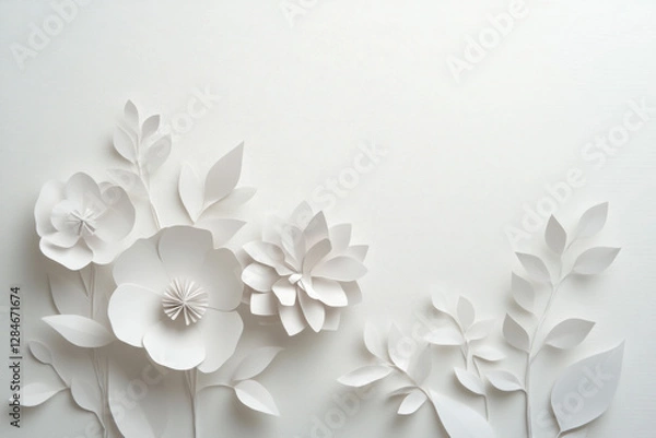 Fototapeta Elegant white paper flowers and leaves crafted on a textured background, showcasing delicate artistry and minimalist design.
