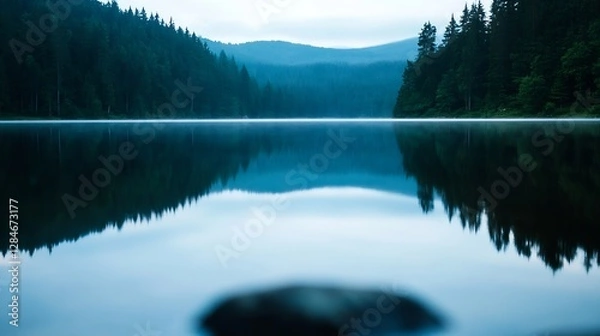Fototapeta Tranquil lake view reflecting misty mountains and dense forests during the early morning hours : Generative AI