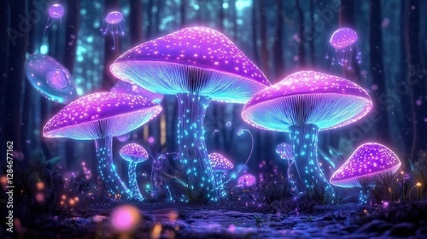 Fototapeta Vibrant, glowing fungi illuminate a surreal forest setting, evoking fantasy and wonder in nature.