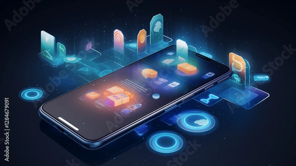 Fototapeta Futuristic Smartphone with Digital Interface and Holographic Apps