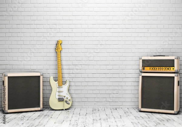 Obraz Room with brick wall, speakers and a guitar. 3D rendering