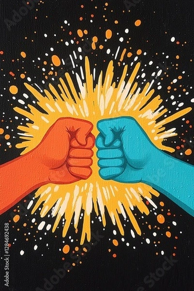 Obraz Graffiti art fist bump handshake for strong unity and street teamwork in vibrant urban style for bold community energy, A bold graffiti style mural of two hands making a powerful fist bump