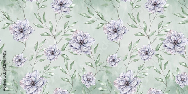Fototapeta Watercolor floral pattern for textile design, wrapping paper. Green leaves tree branches and white anemone flowers, wedding design, romantic ornament, floral botanical hand drawn illustration