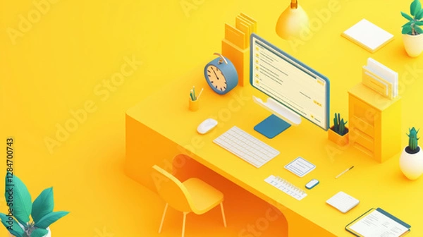 Fototapeta Bright Yellow Background Featuring an Attendance Time Card with Employee Details, Clock-In, Clock-Out, Overtime Hours, Month, Year, and Total Worked Hours, with Expansive Space for Promotional Text
