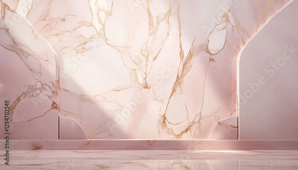 Fototapeta Pink and white product mock up scene, soft rose marble backdrop with a gold veins	