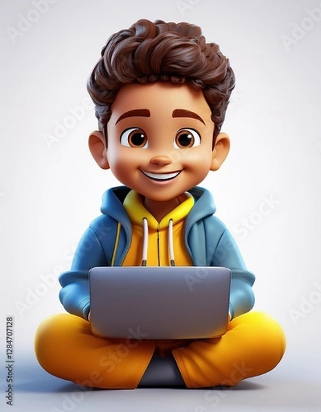 Fototapeta Caricatura de un niño con un computador portátil.