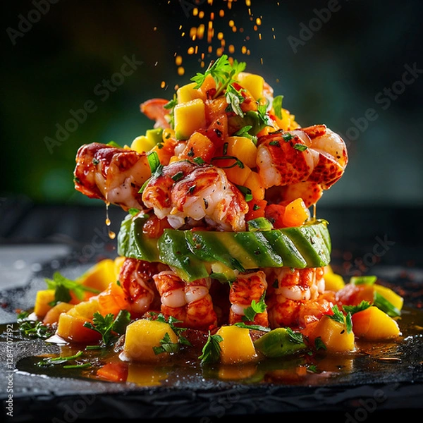 Fototapeta  Lobster and Avocado Tower with Mango Salsa