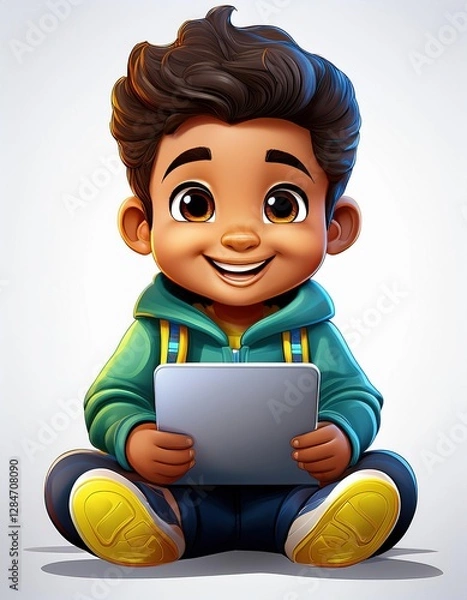 Obraz Caricatura de un niño con un computador portátil.