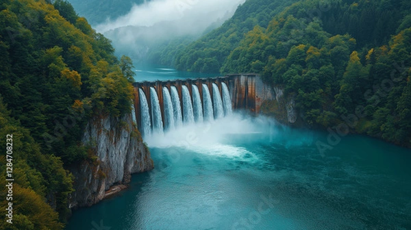 Fototapeta Water flows powerfully over the dam, creating a mesmerizing waterfall that plunges into a serene turquoise lake. Lush trees embrace the landscape, while mist shrouds the distant mountains