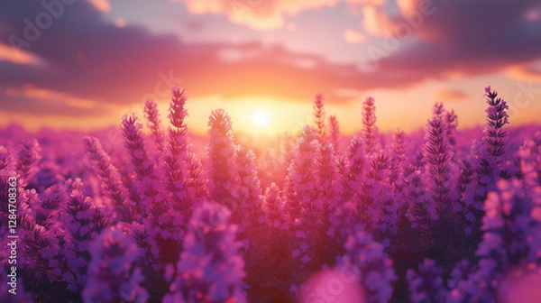 Fototapeta Golden sunlight bathes a sprawling lavender field as the day transitions into evening, showcasing vibrant purple blooms swaying gently in the breeze while the sky bursts with color