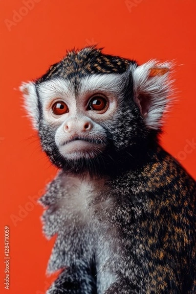 Fototapeta An adorable baby monkey looking into the camera with big eyes and a small nose. The background is a vibrant red, highlighting the subject.
